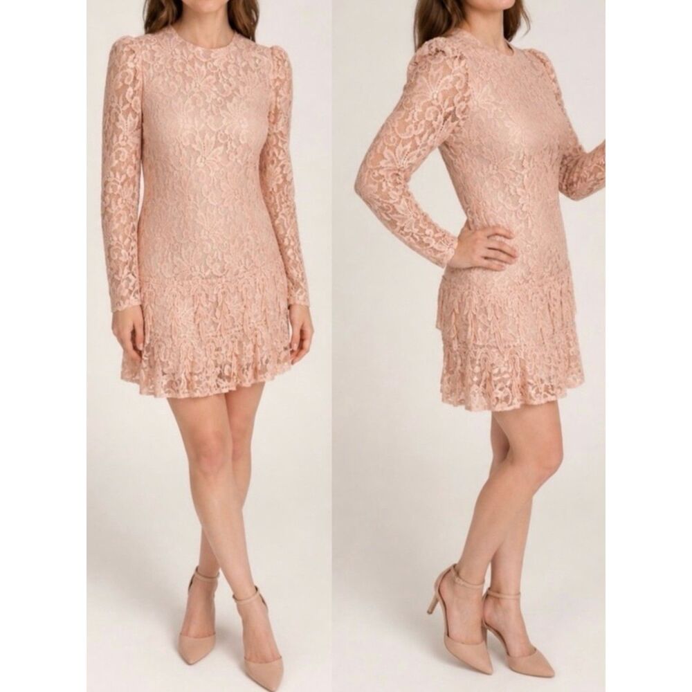 Le Art Vintage Pink Champagne Lace Layered Long Sleeve Dress Women’s Size 10